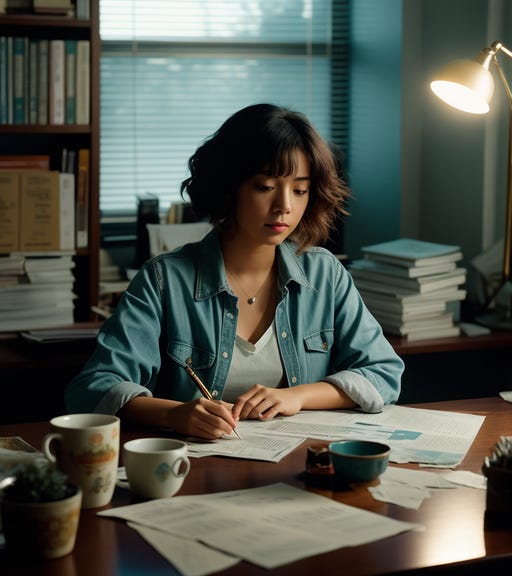Woman with short, dark hair sitting at a desk, holding a pen and writing. In front of her are numerous pages as though she has been working for a long time.
