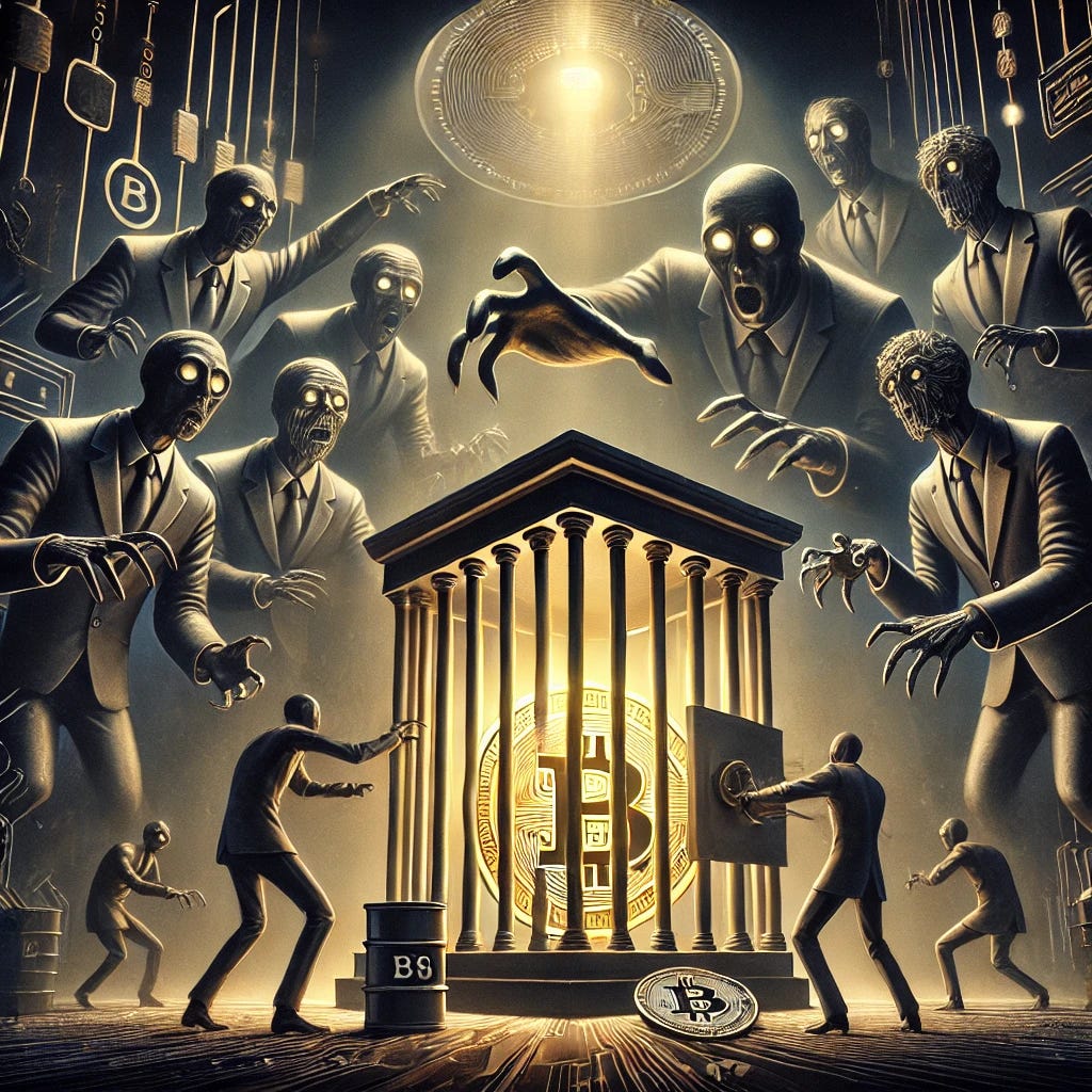 A symbolic illustration personifying government agencies trying to capture Bitcoin private keys. Depict shadowy, towering bureaucratic figures, each representing different government agencies, reaching out with mechanical arms and tools towards a glowing golden Bitcoin in a locked digital vault. The vault is surrounded by a network of cryptographic symbols and glowing circuits, symbolizing Bitcoin's security and decentralization. The setting is dark and tense, emphasizing the struggle between control and freedom, with the Bitcoin radiating light as a symbol of resilience. The art style is dramatic and slightly futuristic.