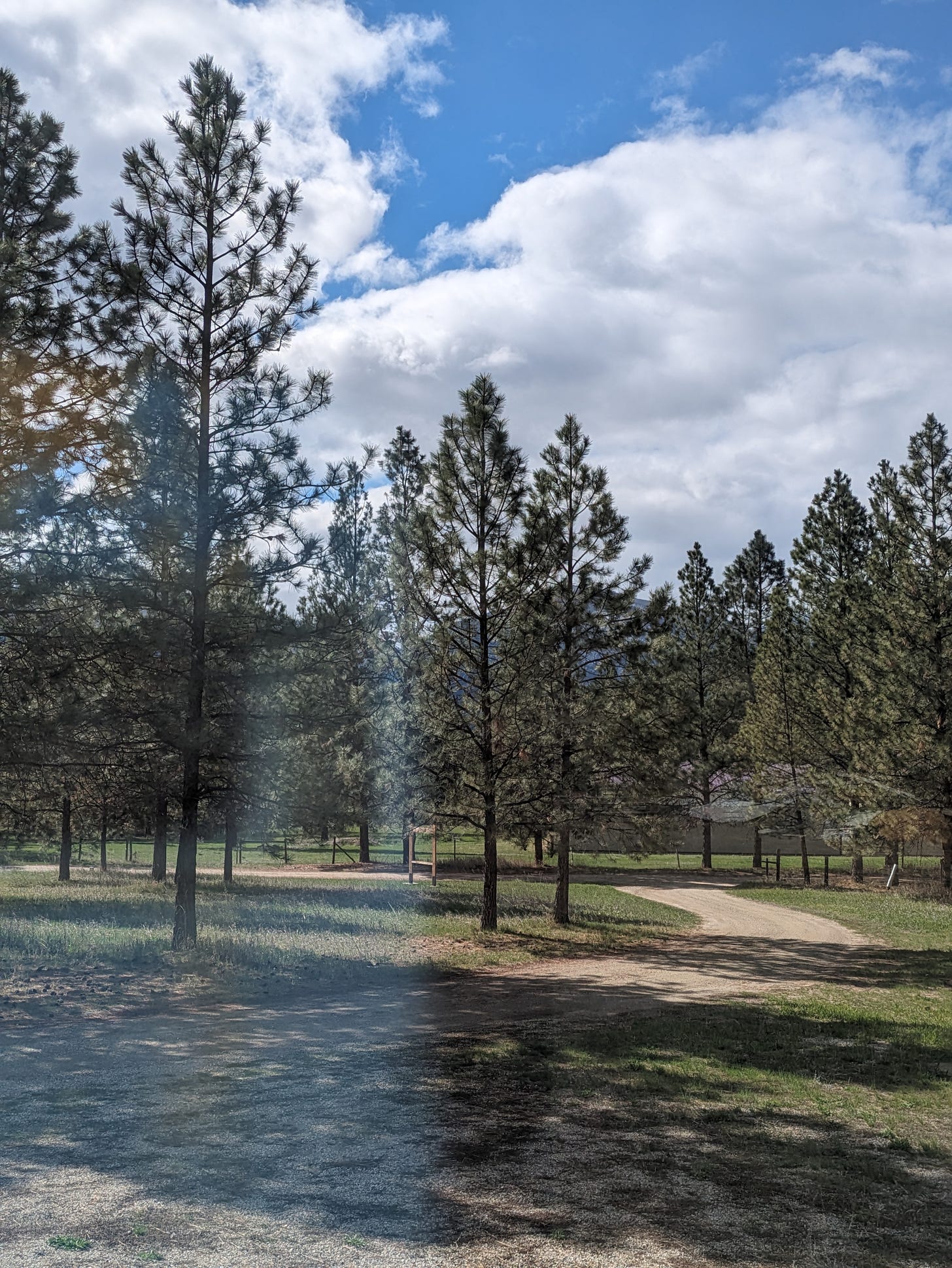 the same rural scene again, but this time there is no trace of any snow and the sky is blue with puffy white clouds