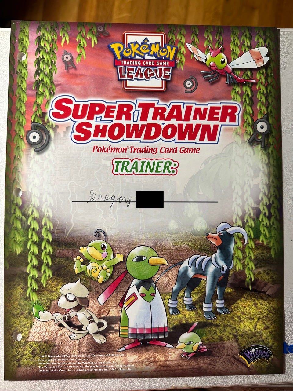 An insert from Greg's binder he received from the Super Trainer Showdown event