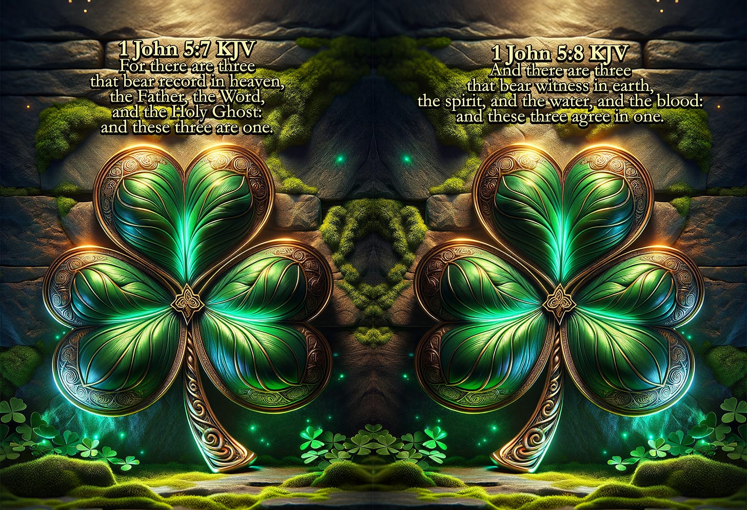 This is a richly detailed digital artwork that features a symmetrical design with a central motif resembling a stylized four-leaf clover, set against a backdrop that gives the impression of a rocky cave interior.  The clover leaves are ornately designed with intricate, swirling patterns that suggest a blend of organic and metallic textures. Each leaf has a luminous quality, with glowing edges and what appears to be a light source emanating from the center, casting a gentle green light onto the surrounding surfaces. The leaves are colored in various shades of green with golden embellishments that highlight the swirling designs.  The background is darker, featuring what looks like moss-covered rocks with small, round, green plants that could be interpreted as clover or moss patches. The composition has a mirrored quality, suggesting symmetry along the vertical axis. There's a mystical or ethereal atmosphere to the scene, possibly evoking a sense of nature combined with fantasy.  Overlaying the image on the left and right sides are blocks of text, which are scripture references from the King James Version of the Bible. On the left, 1 John 5:7 speaks of a trinity in heaven, referencing the Father, the Word, and the Holy Ghost. On the right, 1 John 5:8 complements this by mentioning a trinity on earth, the spirit, the water, and the blood, with both verses ending with the affirmation that these three agree in one.  The overall impression is one of a deeply symbolic and spiritual message, conveyed through a visual motif that might be associated with Irish or Celtic culture, given the resemblance to a four-leaf clover and the use of green, which is often related to those themes. The art could be interpreted as representing the spiritual connection between heaven and earth, with the clover uniting the elements of both realms in its design.