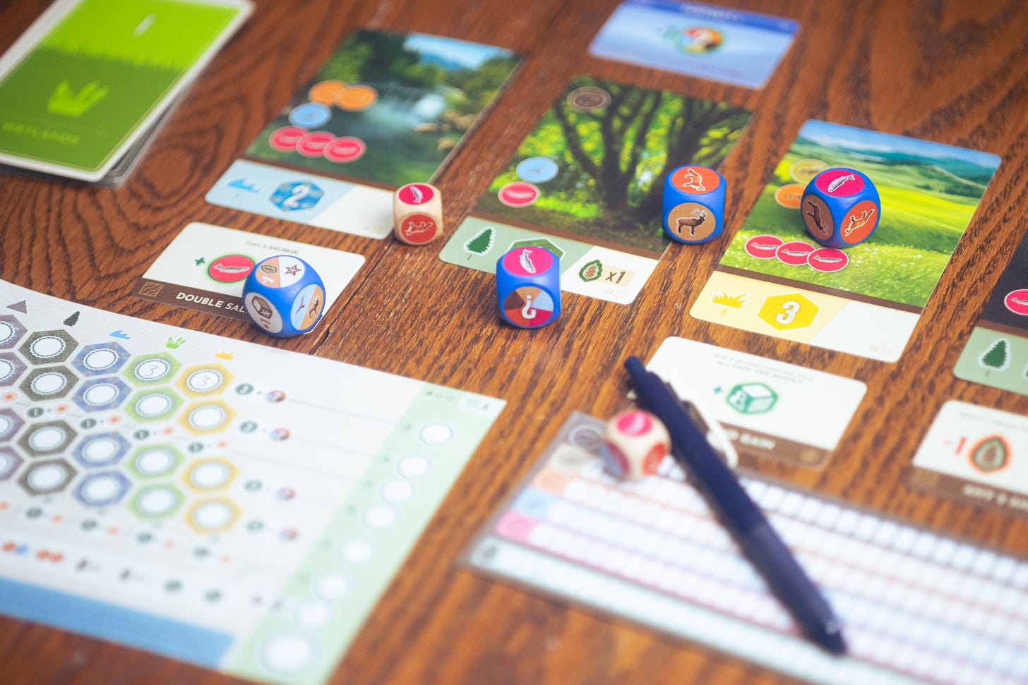 The roll-and-write game Cascadia: Rolling Rivers being played on a wooden table.