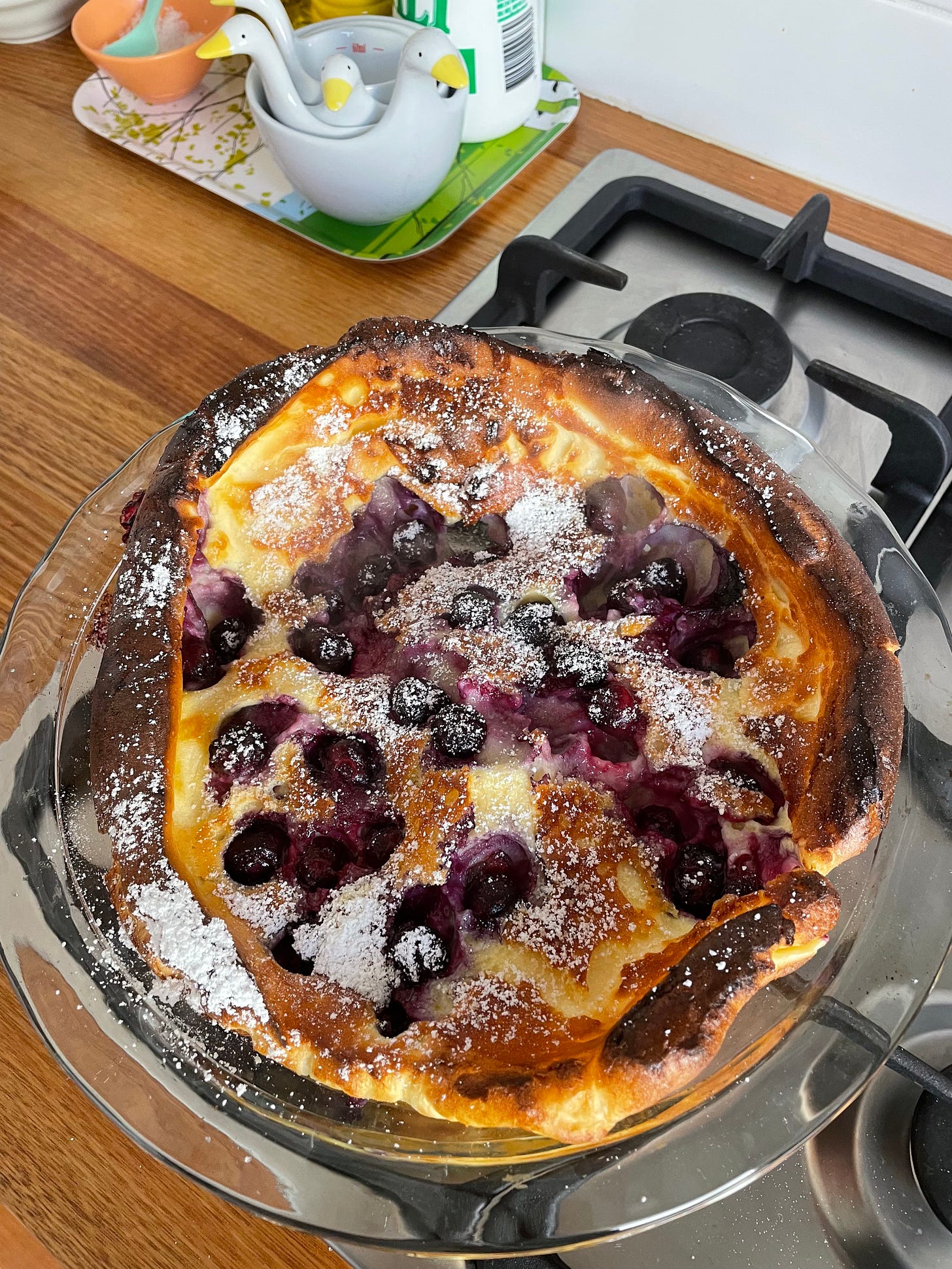 Blueberry dutch baby fresh out of the oven, sprinkled wiht icing sugar.