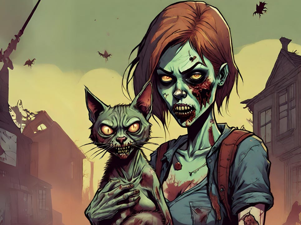 cartoon zombie holding a scary-looking cat