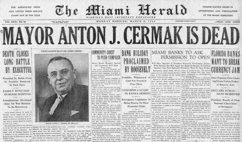 Front page of the Miami Herald on March 6, 1933.