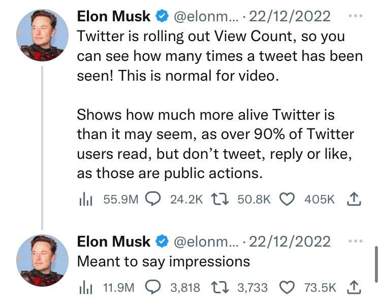 Elon Musk announces Twitter view counts as public impressions metric