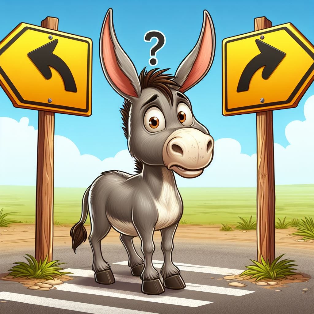 a donkey coming to a crossroads with TWO arrow signs where one sign points right and the other points left, with a confused look on its face, cartoon style
