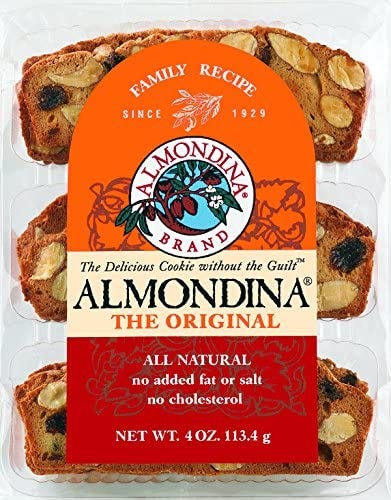 Almondina cookies in plastic packaging, with a colorful label.