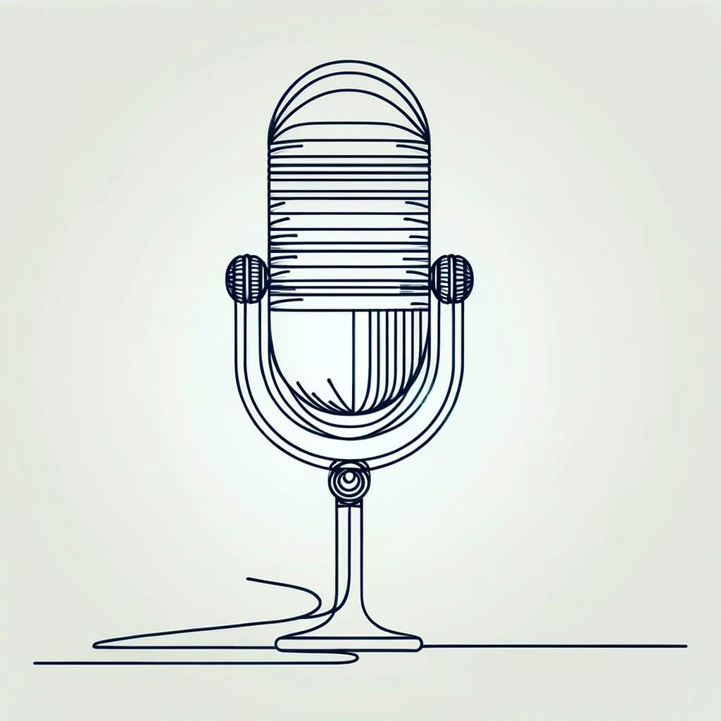 Create an ultra-minimalistic sketch of a podcast microphone using no more than 7 lines. The sketch should utilize clean, straight or curved lines to suggest the form of a microphone, embodying the concept of podcasting in the simplest possible visual terms. This exercise in restraint and minimalism should highlight the microphone's iconic shape and function in digital communication, focusing on the essence rather than detailed representation. The artwork should be a testament to the power of abstraction, showing how minimal visual cues can evoke complex ideas and objects.