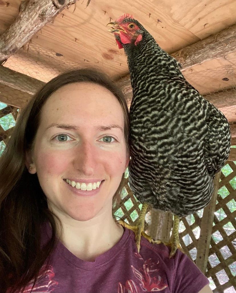 person with a speckled chicken sitting on their shoulder