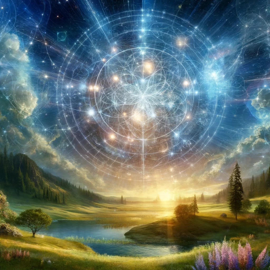 Transform the cosmic map, previously designed with the prime numbers 13 and 17 and sacred geometry, into an integral part of a natural landscape, blending it seamlessly with the beauty of nature. Visualize this cosmic map not just above but as the very essence of the sky, its ethereal, luminous pathways and nodes casting a mystical glow over a serene natural setting. Below this enchanted sky, depict a tranquil landscape that could include rolling hills, lush forests, tranquil lakes, or flowering meadows, all bathed in the soft, otherworldly light emanating from the sky-map. The natural elements in the scene are in perfect harmony with the cosmic patterns above, suggesting that the map is not only a guide through the cosmos but also a reflection of the natural world's inherent order and beauty. The scene should evoke a sense of unity and interconnectedness, where the boundaries between the cosmic and the terrestrial blur, and everything is seen as part of a greater whole. The color palette merges the ethereal hues of the map with the vibrant greens, blues, and earth tones of the landscape, creating a visual symphony that celebrates the union of heaven and earth.