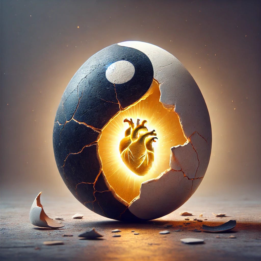 A symbolic and artistic representation of Humpty Dumpty as a Yin-Yang shaped egg, lying on the ground cracked open. The egg shell forms a balanced Yin-Yang pattern, with one side dark and the other light, showing cracks running through it. Emerging from the center of the cracked egg is a radiant golden heart, glowing with warmth and light, symbolizing hope and transformation. The background is minimal, with a soft gradient of twilight colors, adding a serene and contemplative atmosphere. The ground beneath the egg has a subtle texture, suggesting both fragility and resilience.