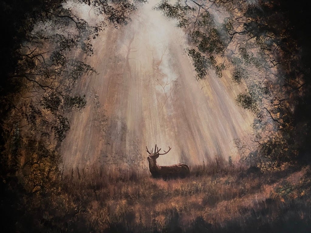 A mostly finished acrylic painting of a deer walking through sunbeams in a forest. 