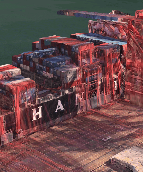 One of Peder Norrby’s Mapglitch moments depicts a bizarrely distorted container ship One of Peder Norrby’s Mapglitch moments depicts a bizarrely distorted container ship