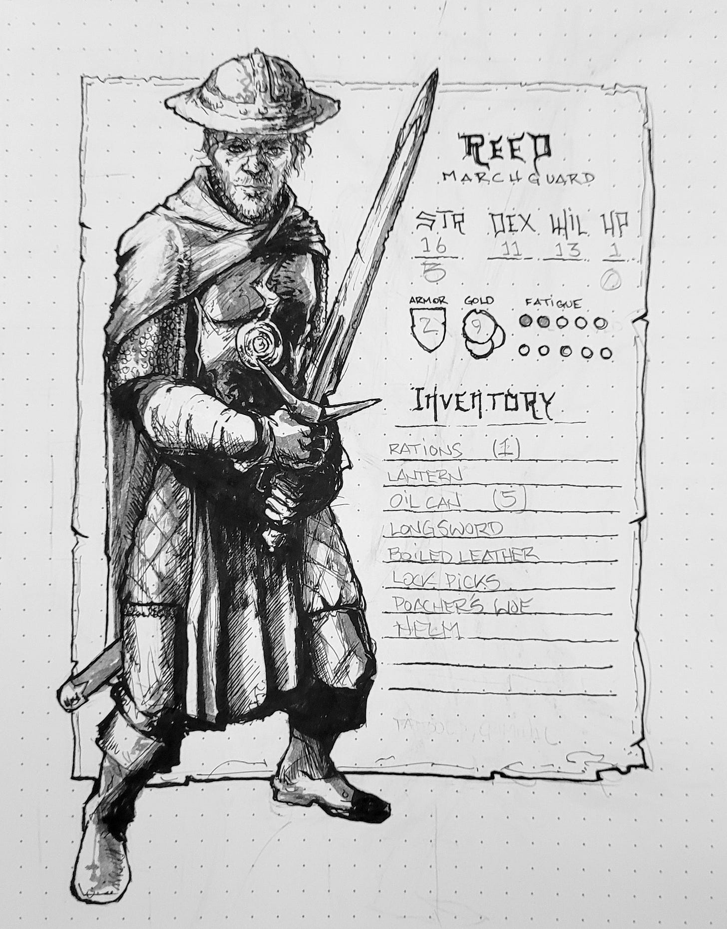 Illustration of Reed and his statblock