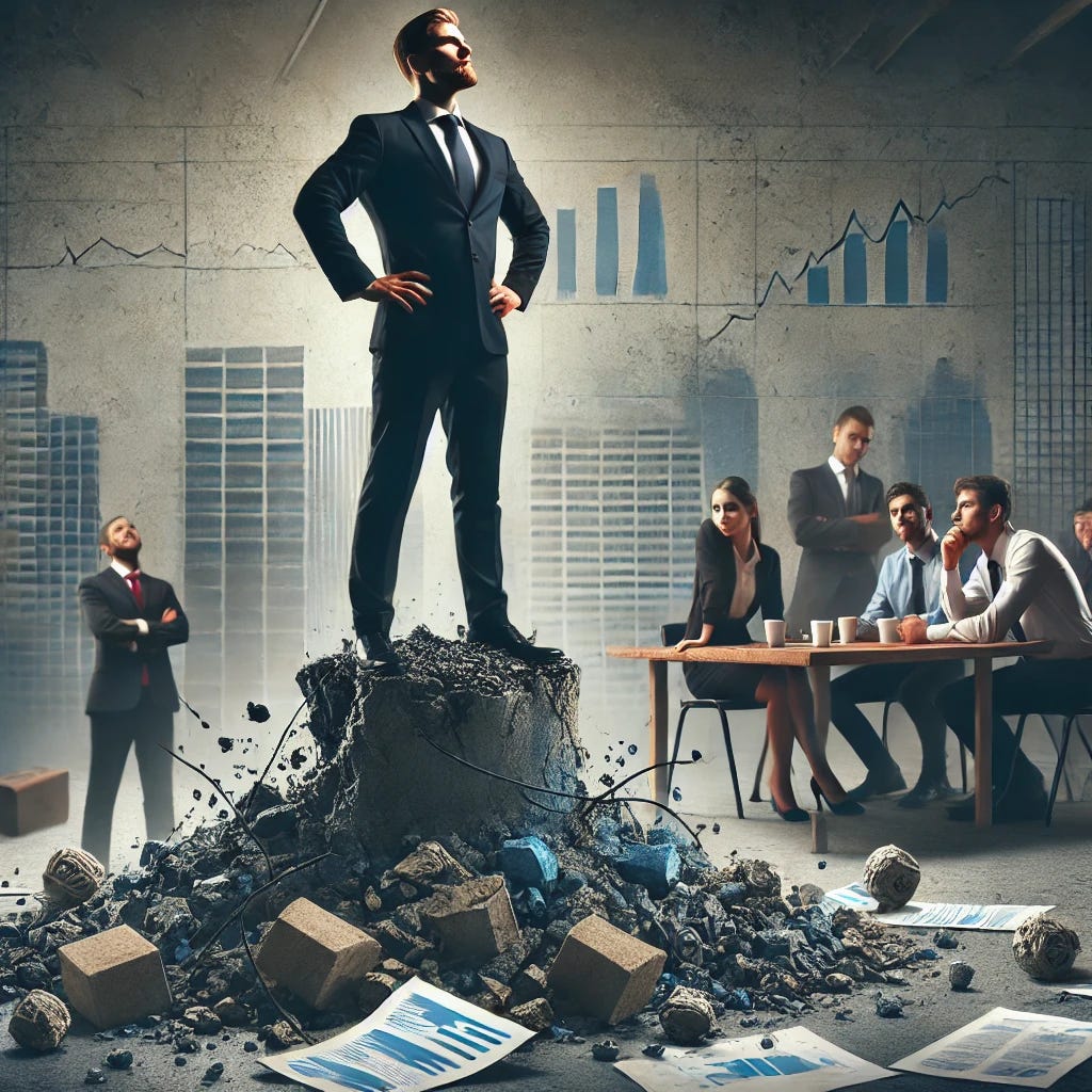 A powerful visual of a corporate leader standing on top of a crumbling pedestal, looking arrogant and oblivious, while the business environment around them is falling apart. In the background, employees look frustrated and helpless. The image should convey the theme of ego destroying a business.