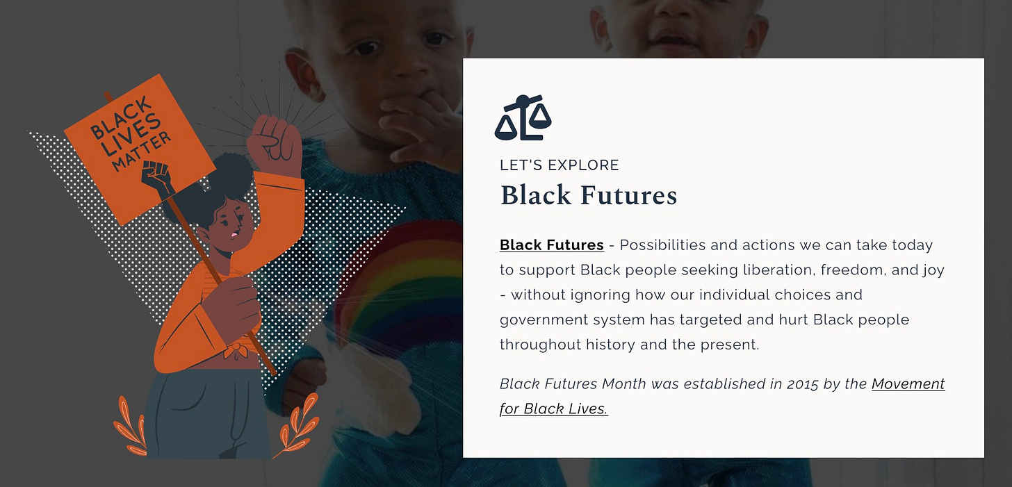 Black futures toolkit preview, illustration of Black person with afropuffs holding a black lives matter sign, definition of 'black futures'