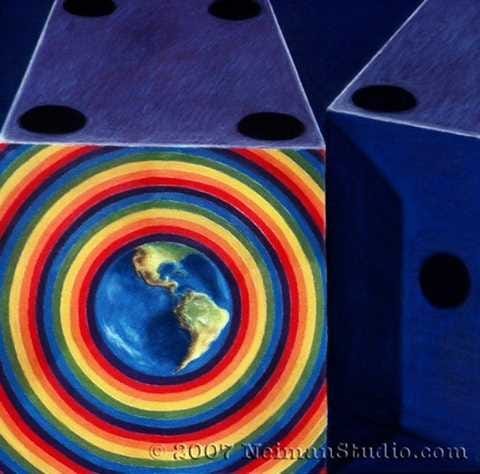 Image of gouache art piece by CH Neiman. Blue dice fill the image. One side of die has globe surrounded by rainbow rings.