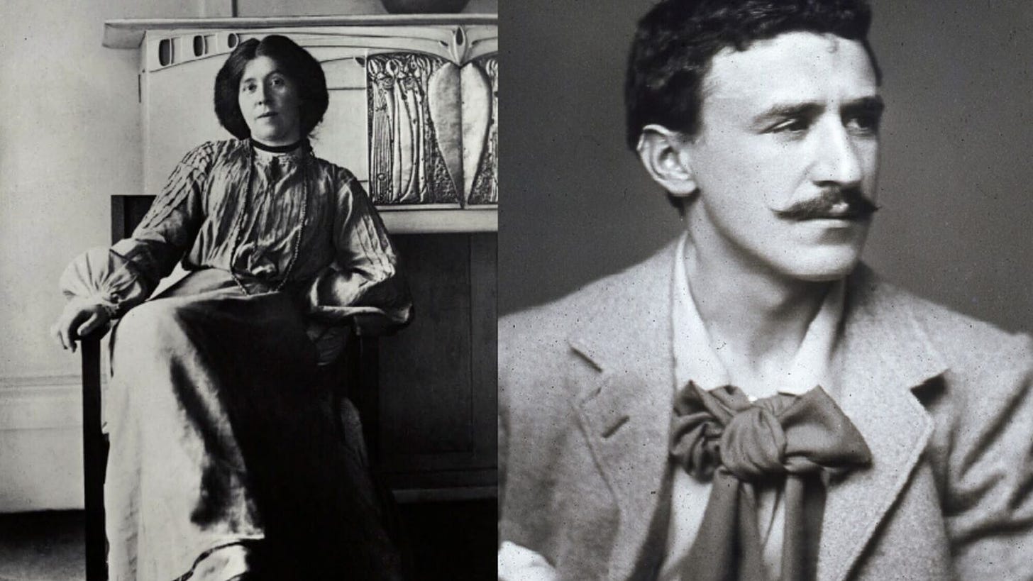 Two black and white photos side by side: on the left is a woman in a long dress sitting on a chair in front of a fireplace: the photo on the right shows the head and shoulders of a young man with dark hair. He has a distinctive moustache and a cravat.