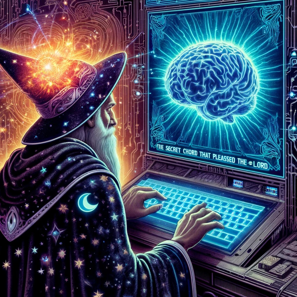 A wizard typing at a high-tech keyboard. The computer is a high-tech brain with glowing neural pathways, and on the screen it says 'The secret chord that pleased the Lord'. The wizard's robe is adorned with stars and moons, and the background shows a blend of mystical and technological elements.