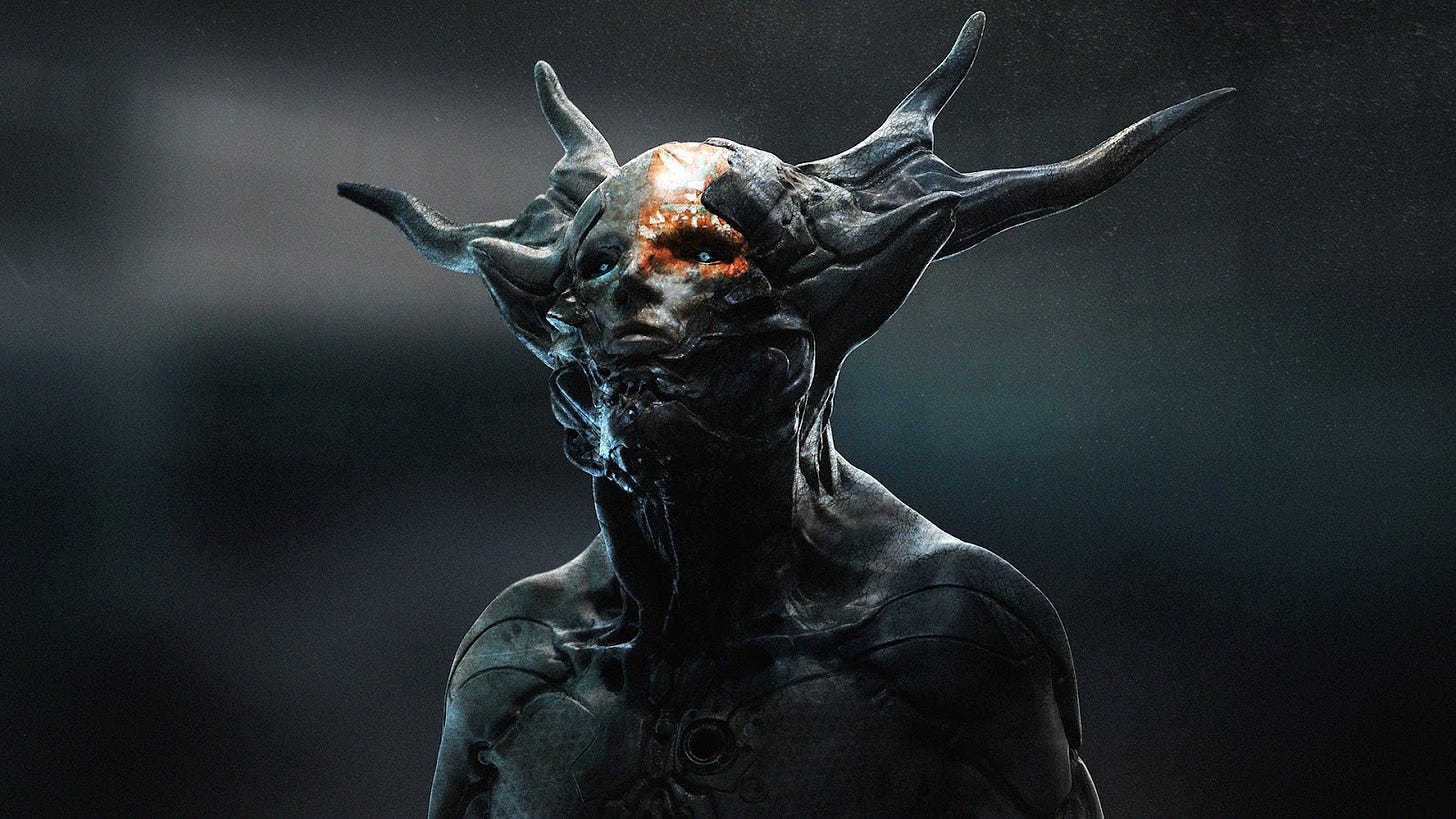 A dark 3D render of a transhuman person with antler-like horns.