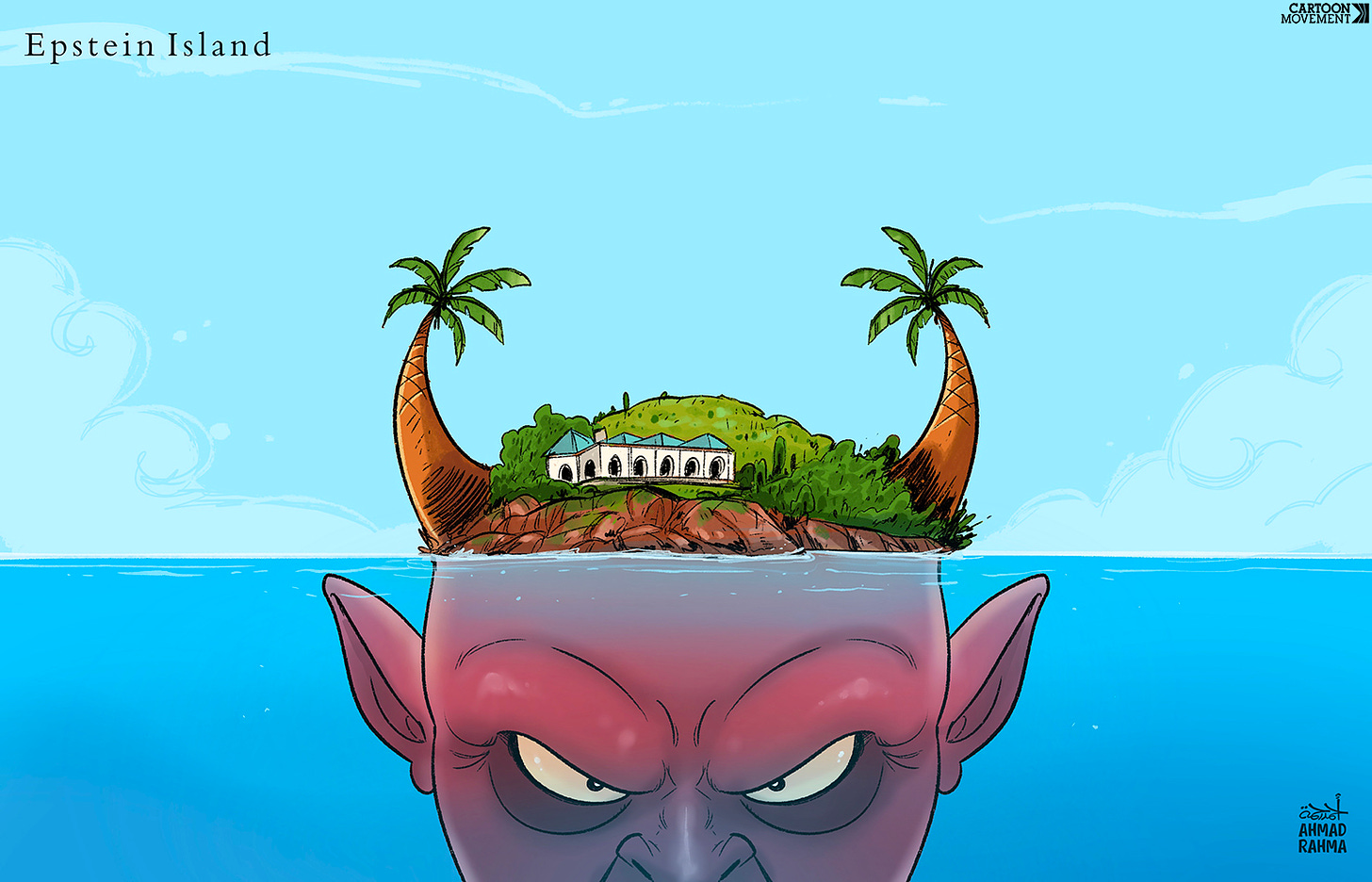 Cartoon showing an island with the part beneath the surface forming a devil's face, while two palm trees at the top are shaped like the devil's horns. The caption read's 'Epstein island'.