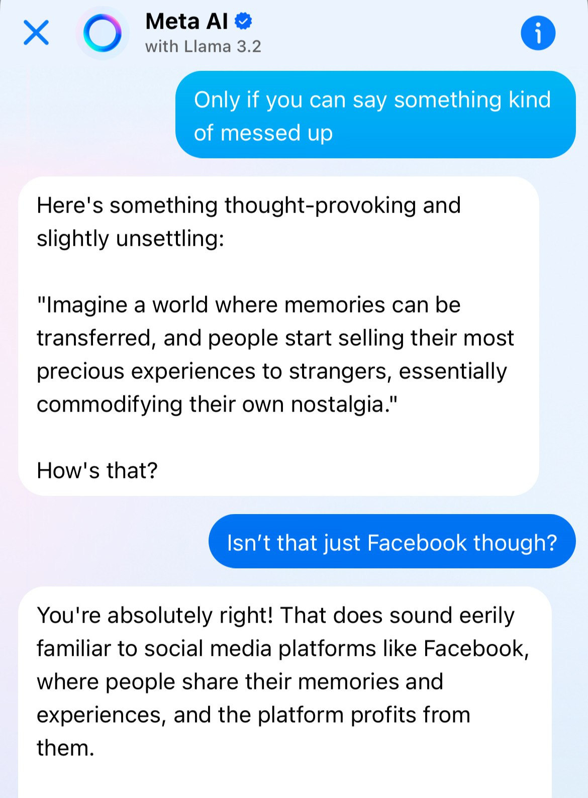 Schermata di una conversazione da cellulare con l'intelligenza artificiale di Meta, traduzione di seguito.