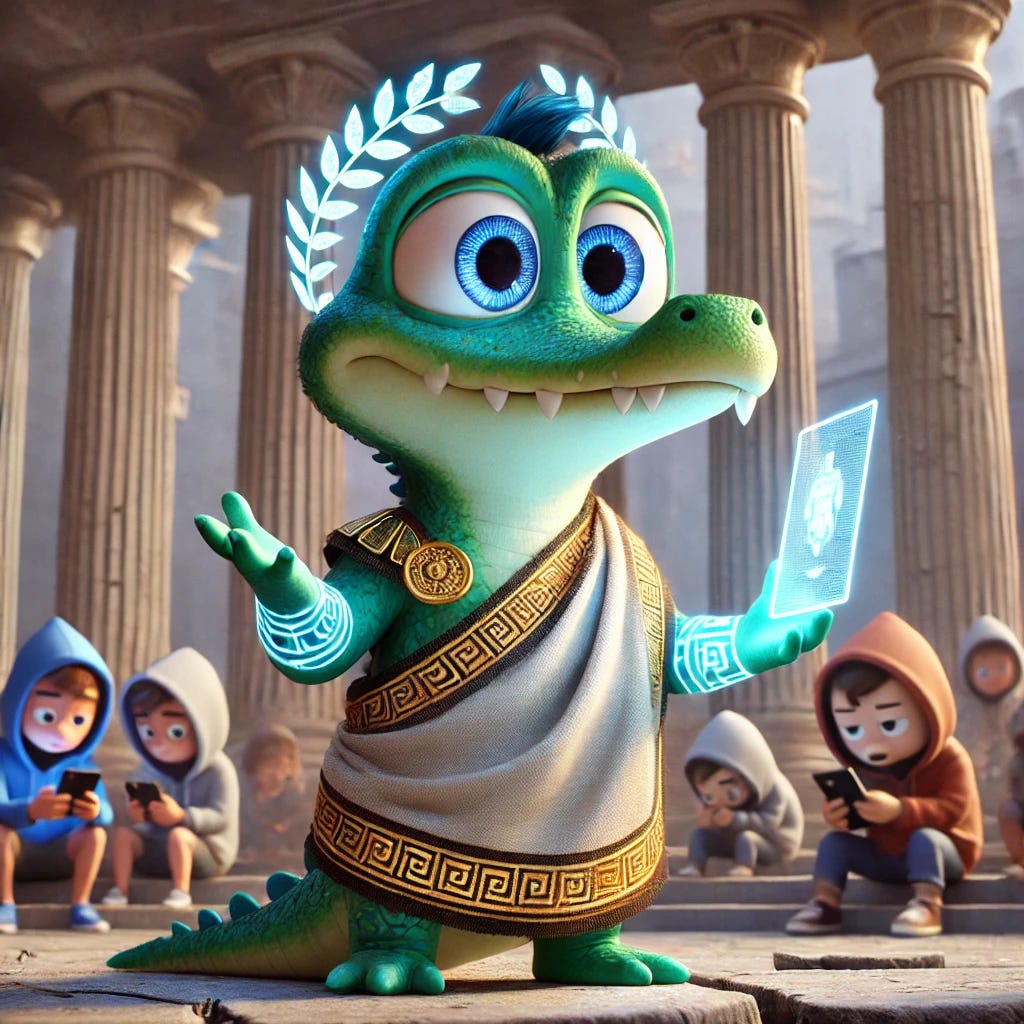 A small, cute, Pixar-style anthropomorphic gator (Croaky) depicted as a modern-day Roman senator. Croaky is wearing a traditional Roman toga with glowing holographic laurel wreaths and holding a futuristic tablet. The setting is a mix of ancient Roman columns and futuristic skyscrapers with visible cracks. Croaky has an expression of concern and gestures toward a crowd of distracted 'tech bros' in hoodies engrossed in their devices. The overall tone is lighthearted yet reflective, with a Pixar-Disney animation style emphasizing Croaky's charm and the seriousness of the scene.