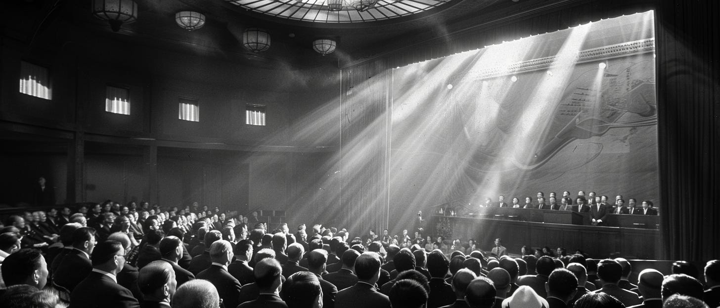 A packed audience fills the lower floor of a grand hall, bathed in dramatic beams of light streaming from above as a group of speakers stand onstage at a podium in front of a large mural backdrop.