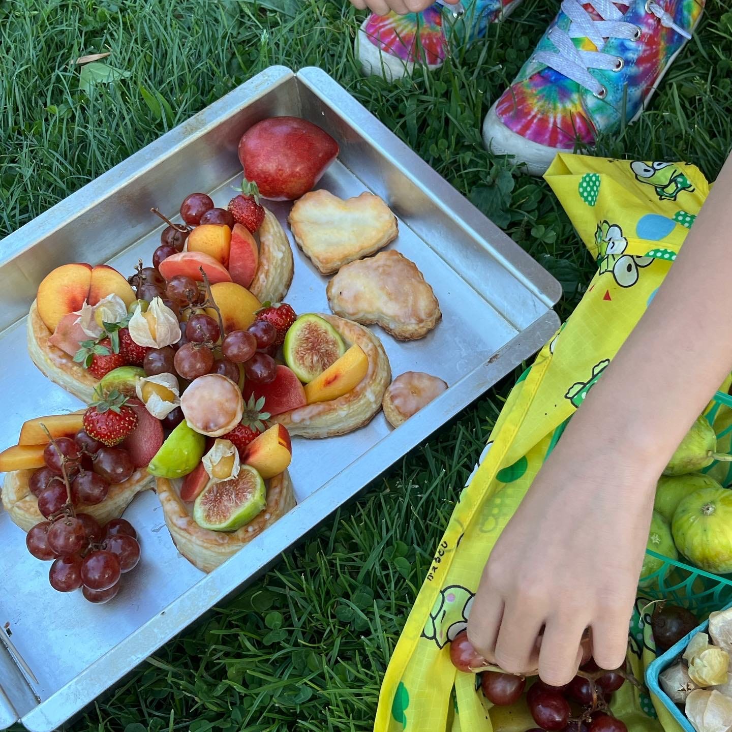 A fruit tart placed on the grass at a picnic