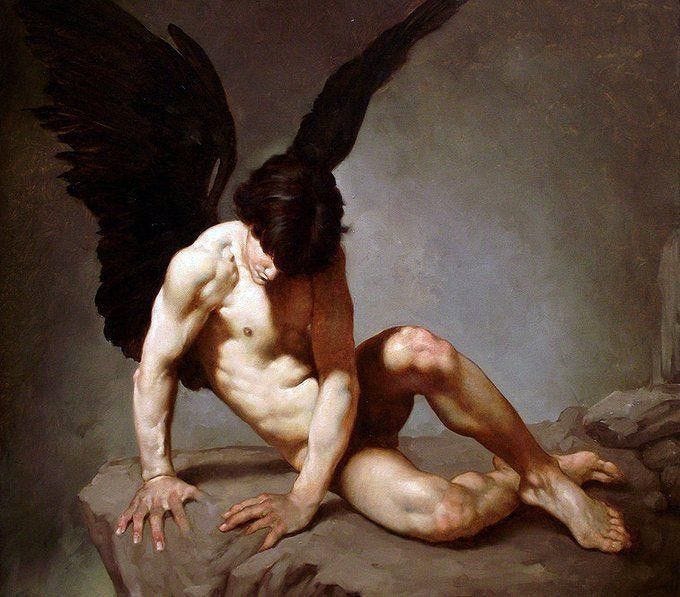 This may contain: a painting of a naked man with black wings on his head and chest, sitting on a rock