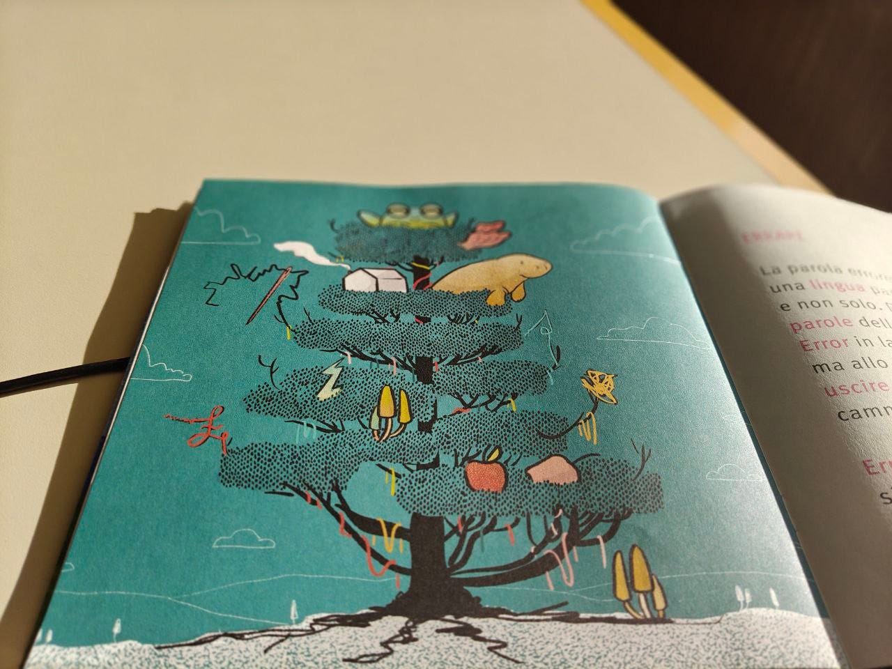 Illustrazione di un albero con radici che emergono e sembrano fili, spargendosi su un terreno bianco puntinato di marrone: sui rami e le chiome di ogni ramo compaiono diversi oggetti, tra cui una mela, dei funghi che sembrano ghiaccioli, un ago, un fulmine, una casetta bianca e sulla cima una grossa ranocchia verde. Su tutti i rami penzolano fili colorati di giallo, rosa, arancio, rosso. La pagina è appoggiata su un tavolo di legno bianco sporco e nell'angolino in alto a destra si intravede un pezzetto di muro in ombra.