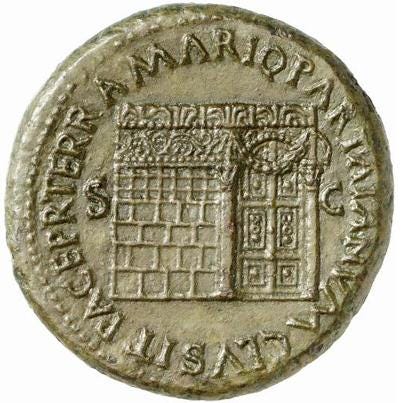 The temple of Janus with closed gates on a Roman coin