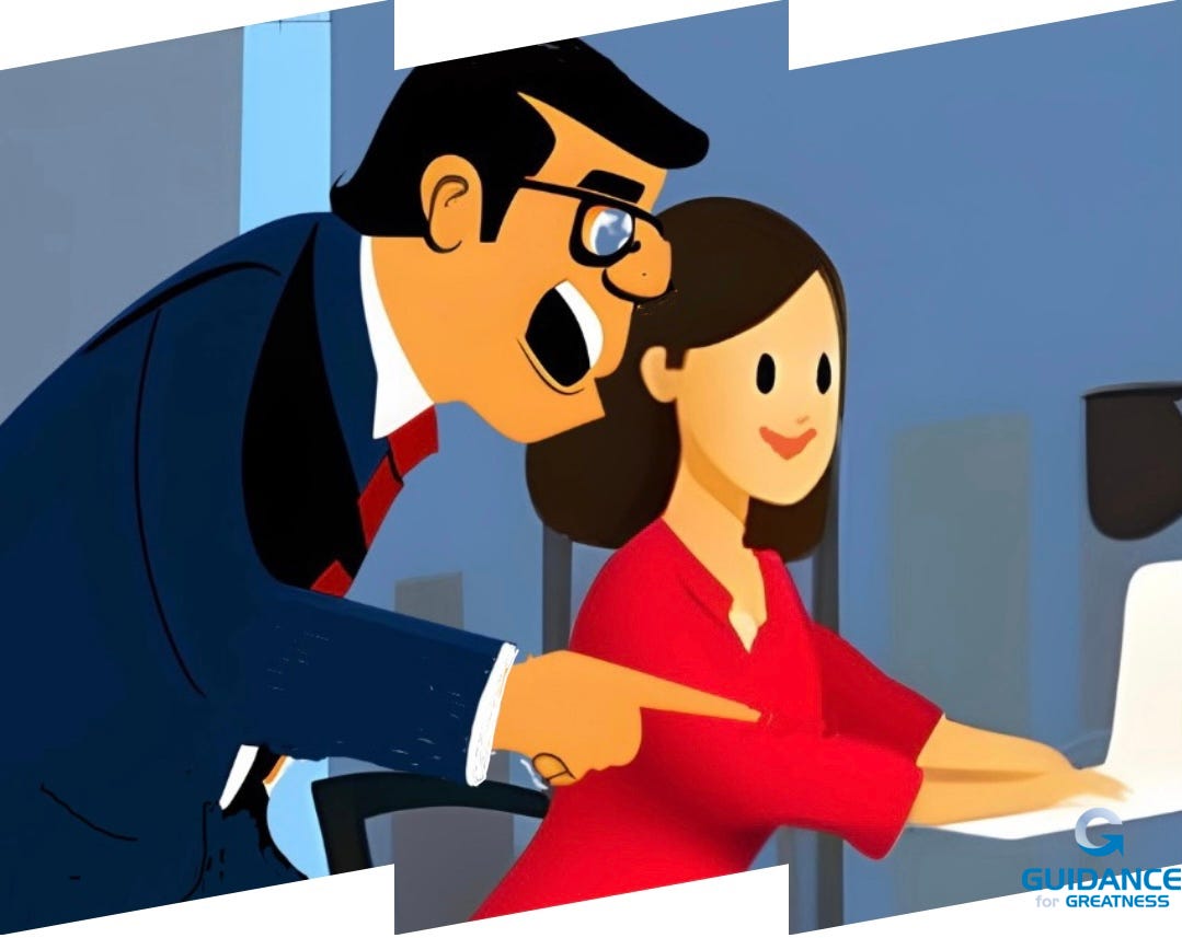 A cartoon of a male boss yelling and pointing at a computer where a smiling female employee works