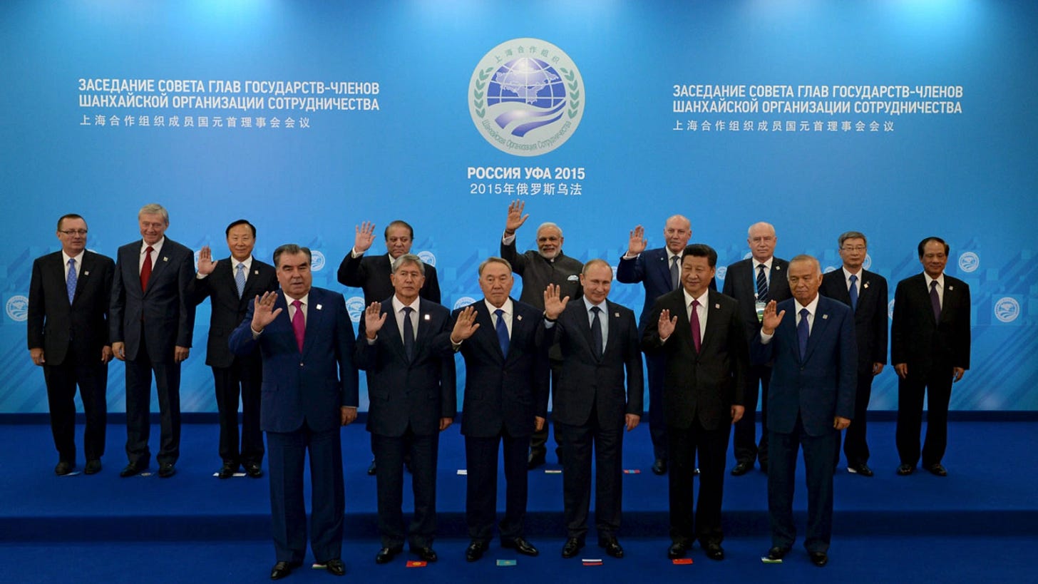 The SCO heads of state, the heads of observer states and governments, and international organisation delegation heads during the Shanghai Cooperation Organization (SCO) summit in Ufa, Russia, July 10, 2015. 