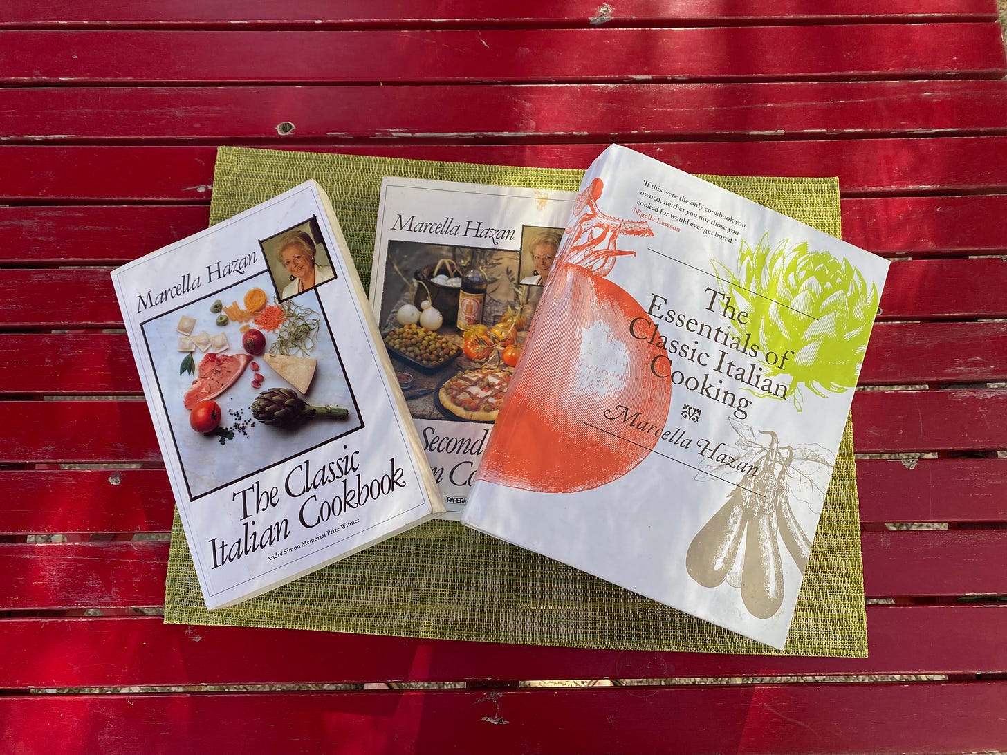 Picture of three books on a table: The Classic Italian Cookbook, The Second Classic Italian Cookbook and The Essentials of Classic Italian Cooking - all my Marcella Hazan