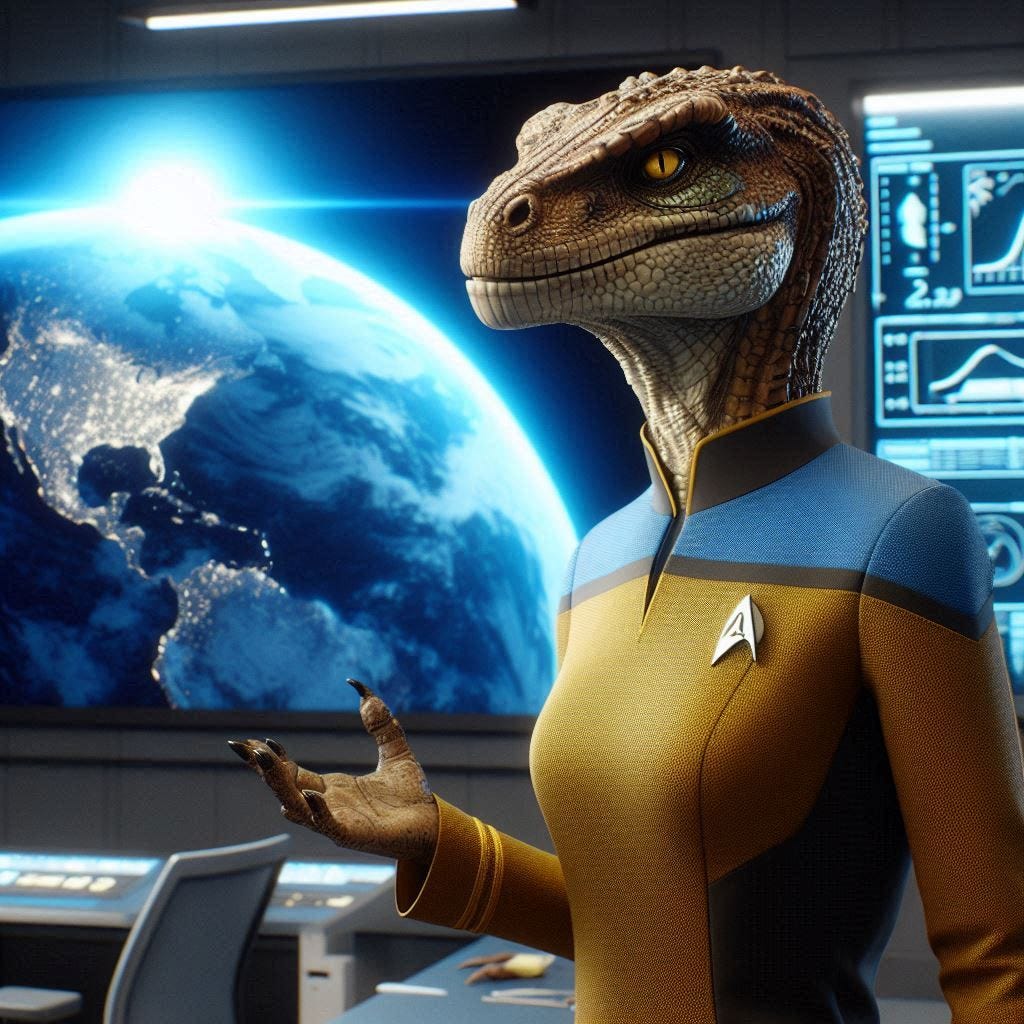 Female Reptilian starfleet officer in uniform. She stands near a screen that shows Earth from space, a blue and white planet with the sun setting on a side. The reptilian is teaching a class
