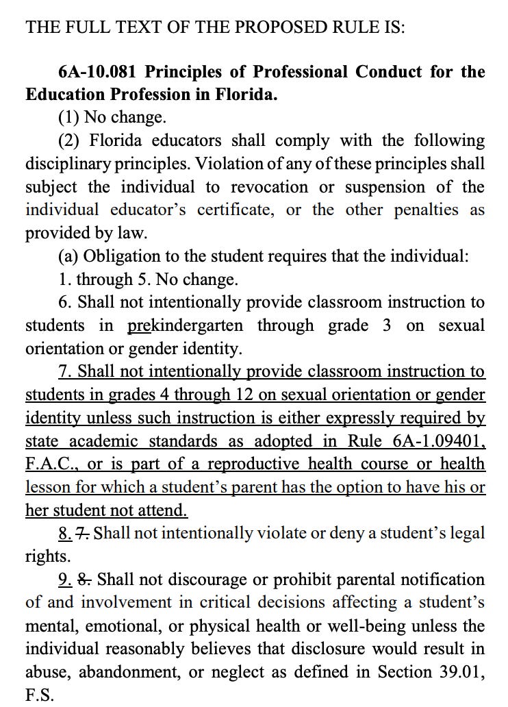 (2) Florida educators shall comply with the following disciplinary principles. Violation of any of these principles shall subject the individual to revocation or suspension of the individual educator’s certificate, or the other penalties as provided by law. (a) Obligation to the student requires that the individual: 1. through 5. No change. 6. Shall not intentionally provide classroom instruction to students in prekindergarten through grade 3 on sexual orientation or gender identity. 7. Shall not intentionally provide classroom instruction to students in grades 4 through 12 on sexual orientation or gender identity unless such instruction is either expressly required by state academic standards as adopted in Rule 6A-1.09401, F.A.C., or is part of a reproductive health course or health lesson for which a student’s parent has the option to have his or her student not attend. 8. 7. Shall not intentionally violate or deny a student’s legal rights.