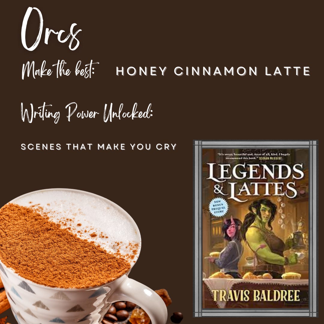 this is a brown infographic with a picture of a honey cinnamon latte and the cover of the book Legends and Lattes. The text reads "Orcs make the best honey cinnamon lattes writing power unlocked: scenes that make you cry"