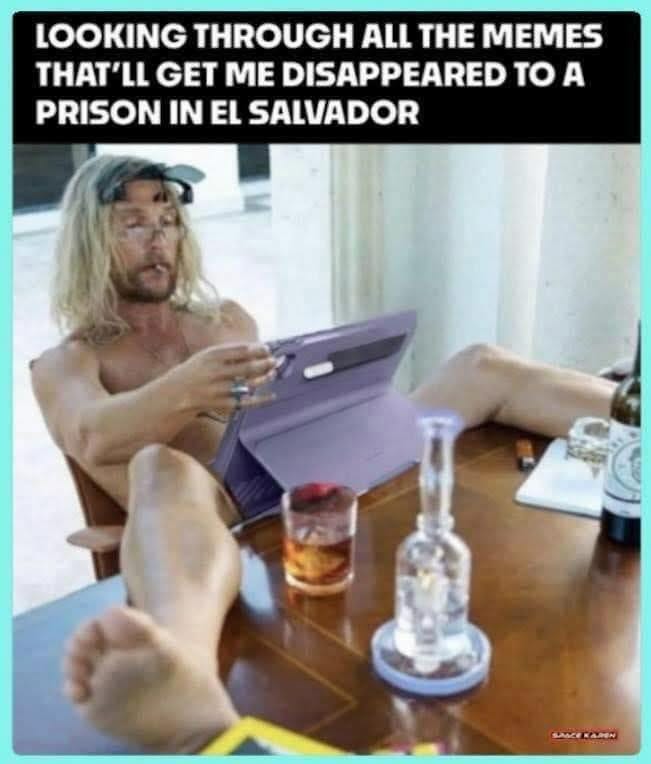 May be an image of 1 person and text that says 'LOOKING THROUGH ALL THE MEMES THAT'LL GET ME DISAPPEARED to TOA A PRISON IN EL SALVADOR SANCERAMN'