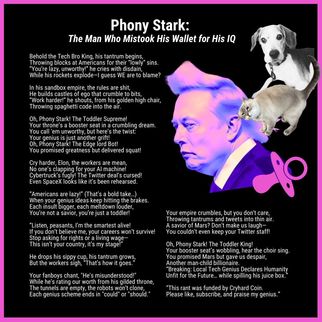 A dark composition featuring lyrics about silicon valley tantrums, with an ethereal portrait treatment bathed in neon purple and pink. The WAG TEAM pets perch atop the scene like concerned babysitters at the world's most expensive daycare.