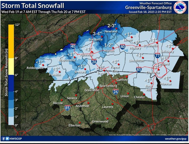 May be an image of map and text that says 'Storm Total Snowfall Wed Feb 19 at AM EST Through Thu Feb 20 PM MEST 12" Weather Forecast Office Greenville-Spartanburg Spartanburg Issued Feb 18, 2025 2:35 PM EST 2-3" 3-4" Newland and Burnsville 1-2" Marion 40 Lenoir 40 Ashevilt <1" Robbinsville (in) ounk Imounts 8" Snow Total Storm Hickory Waynesville Statesville 6" <1" Salisbury Franklin Brevard Lincofntonr Forest ST5 Iryon 4" 85 soncord cancord 3" Sianotte Gaffney Spartanburg Greenville <1" 2" Seneca 26 Monroe Rock HIll Toccoa 85 1" Union Anderson Chester 0" Laurens f Elberton Greenwood NWSGSP weather.gov/gsp gov/gsp weather.'