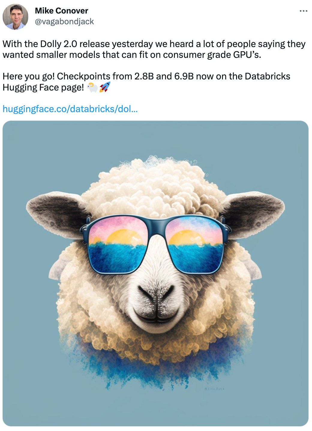 With the Dolly 2.0 release yesterday we heard a lot of people saying they wanted smaller models that can fit on consumer grade GPU’s.   Here you go! Checkpoints from 2.8B and 6.9B now on the Databricks Hugging Face page! 🐑🚀  https://huggingface.co/databricks/dolly-v2-2-8b