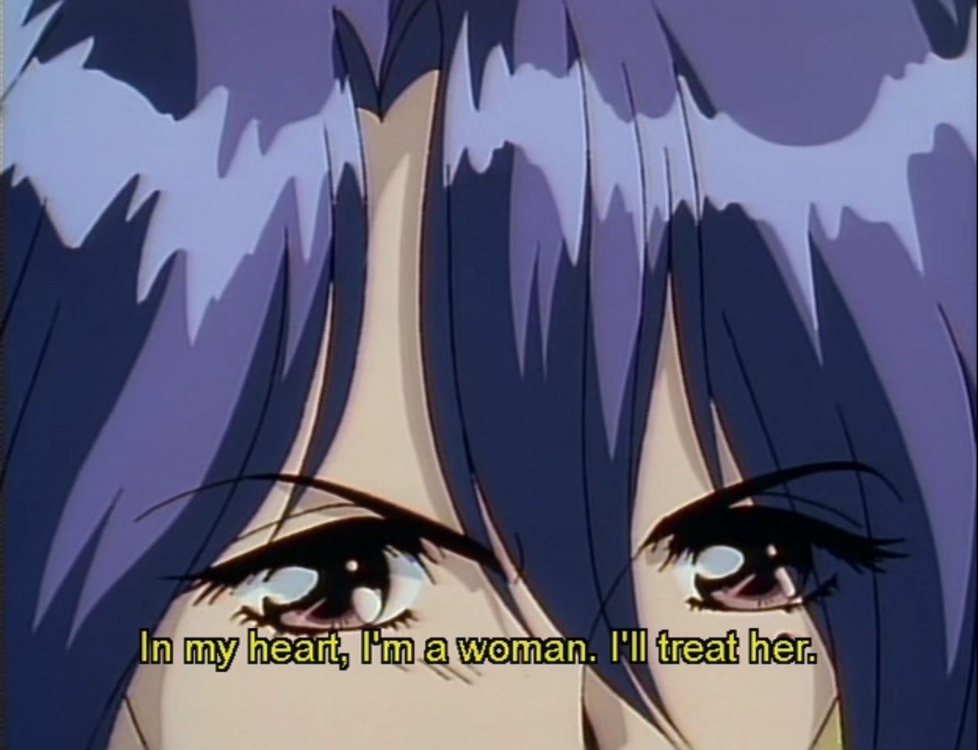 From the anime: close in shot of Nuriko's eyes. Subtitles read: In my heart, I'm a woman. I'll treat her.