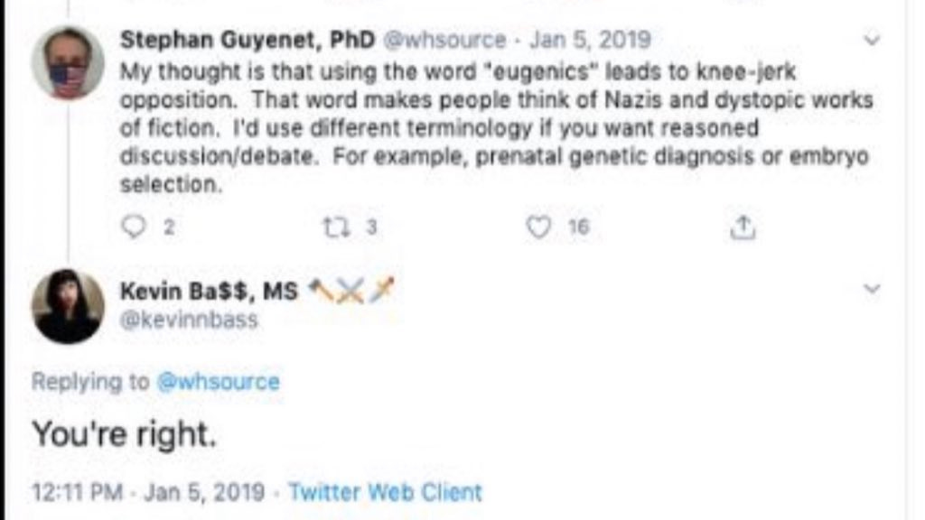 A tweet of Kevin Bass agreeing with a pro-eugenics PHD account.