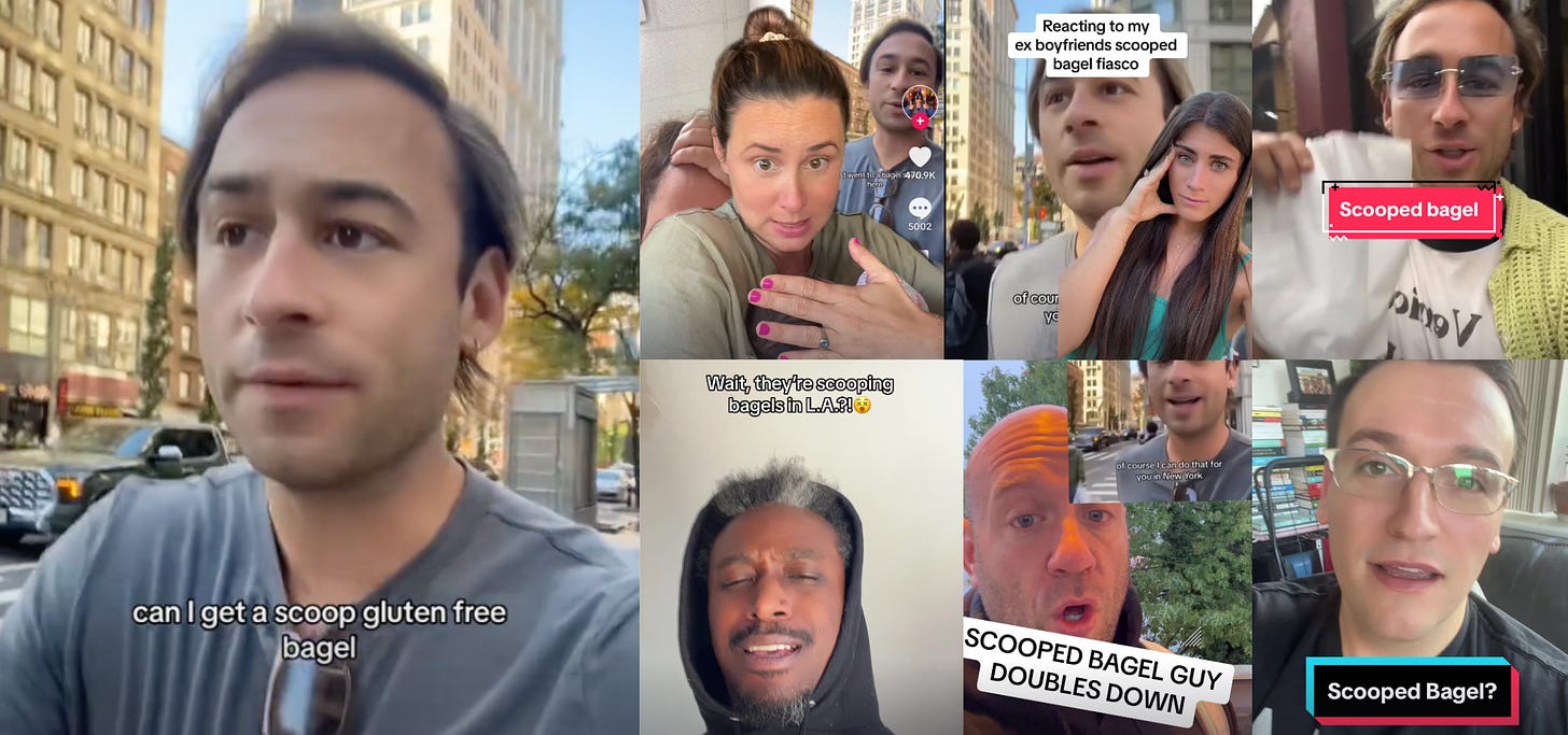 Various TikTok videos about scooped bagels