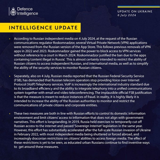 According to Russian independent media on 4 July 2024, at the request of the Russian communications regulator Roskomnadzor, several Virtual Private Network (VPN) applications were removed from the Russian version of the App Store. This follows previous removals of VPN apps in 2022 and 2023. Roskomnadzor gained the power to block access to VPN services without reference to a court in March 2024. Roskomnadzor justified the ban due to the apps containing ‘content illegal in Russia’. This is almost certainly intended to restrict the ability of Russian citizens to access independent Russian, and international media, as well as to simplify the ability of the security services to monitor Russian citizens. Separately, also on 4 July, Russian media reported that the Russian Federal Security Service (FSB), has demanded that Russian telecom operators stop providing Voice over Internet Protocol (VoIP) Telephony services. 
