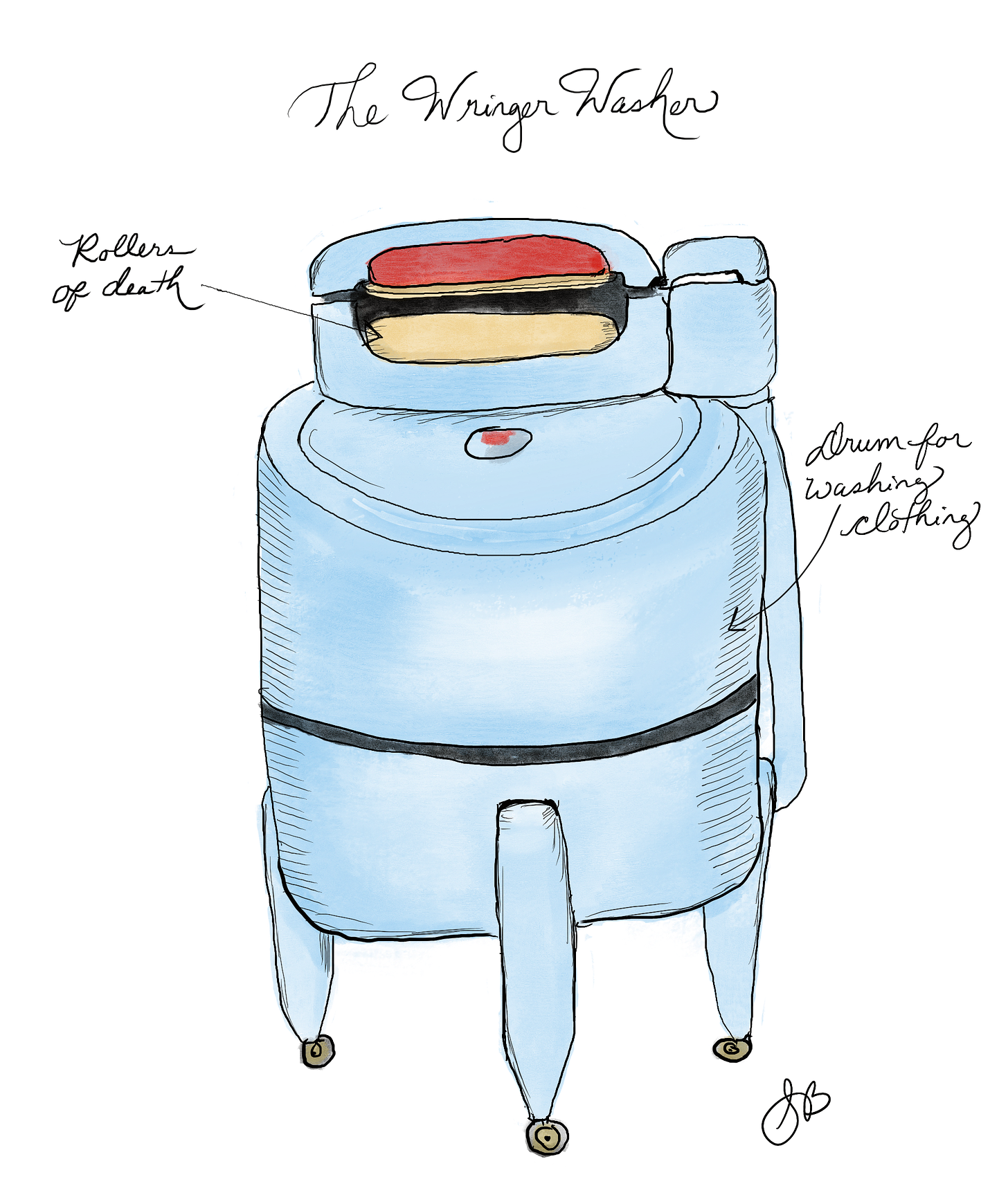 Digital art of a wringer washer that is blue. Hand lettering with an arrow to one side points at the rollers and says roller of death. Handwriting to the right with an arrow points at the body iof the washer and says “drum for washing clothing”