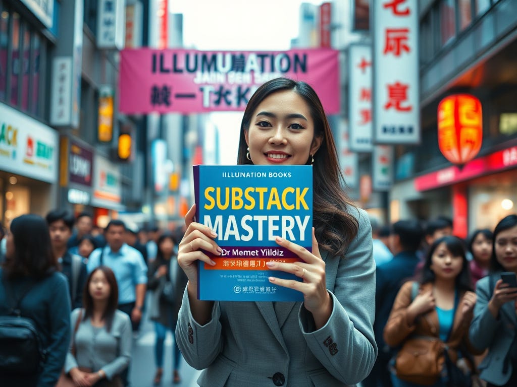 A beautiful Japanese woman holding the Substack Mastery book by Dr Mehmet Yildiz in the middle of Tokyo, Japan. 