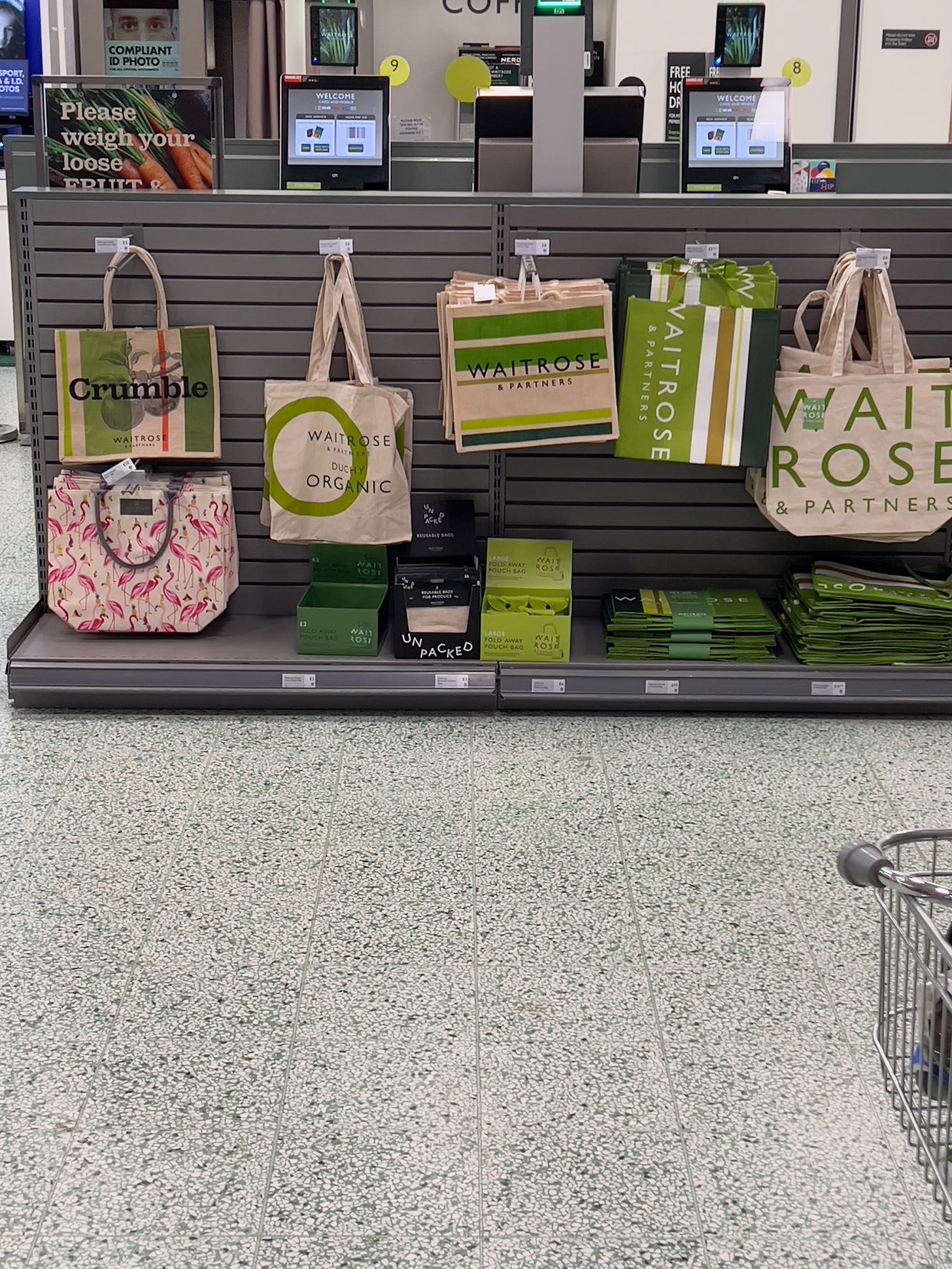 Picture of reusable shopping bags in Lincoln, UK Waitrose Supermarket
